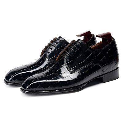 Buty podwyższające wzrost dla mężczyzn CMR CHAMARIPA o 6 cm / 2,36 cala - czarne, skórzane buty typu Derby z amerykańskiej skóry krokodyla, wykonane metodą Goodyear Welted.