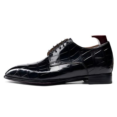 Buty podwyższające wzrost dla mężczyzn CMR CHAMARIPA o 6 cm / 2,36 cala - czarne, skórzane buty typu Derby z amerykańskiej skóry krokodyla, wykonane metodą Goodyear Welted.