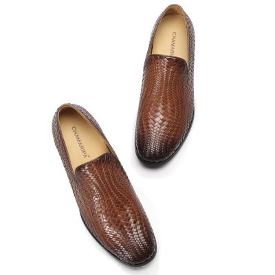Ręcznie Tkane Brązowe Skórzane Loafersy 7 cm