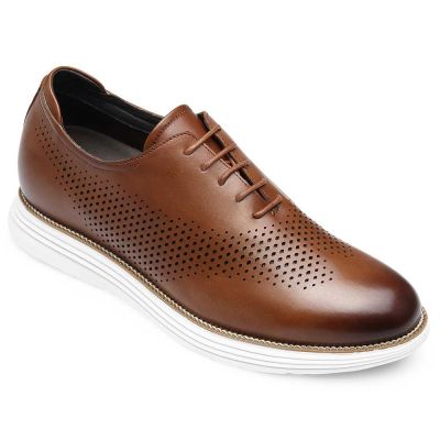 Buty Podwyższające Męskie – Brązowe Skórzane Oxfordy Oddychające 7cm