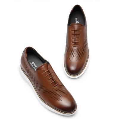 Buty Podwyższające Męskie – Brązowe Skórzane Oxfordy Oddychające 7cm
