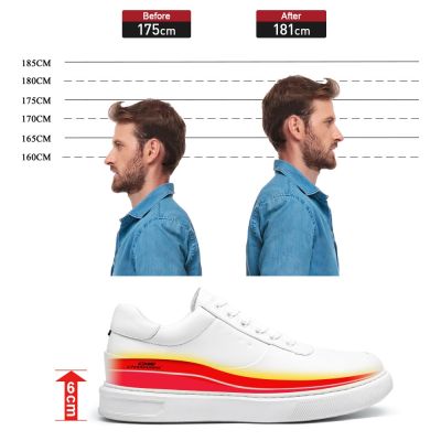 Buty podwyższające męskie – Białe skórzane buty casualowe 6cm