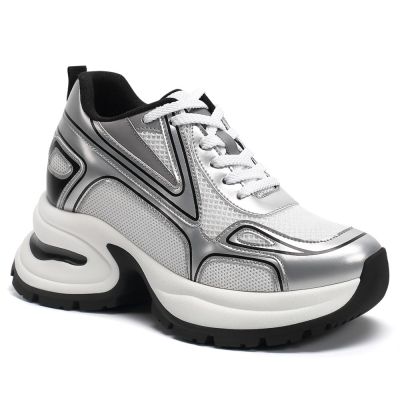 Buty Podwyższające Wzrost 10cm Damskie – Chunky Srebrne Mesh