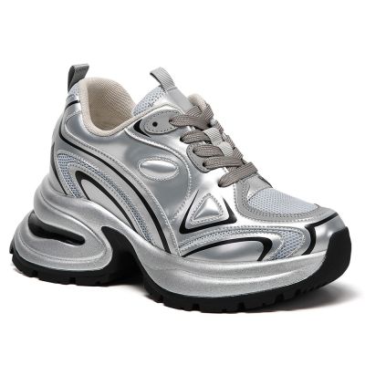 Buty podwyższające damskie – Srebrne sneakersy z siateczki 10cm