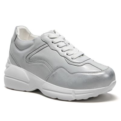 Buty podwyższające damskie – Srebrne skórzane sneakersy 8cm
