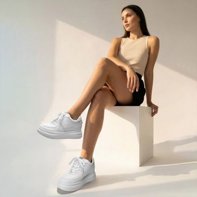 CMR CHAMARIPA Sneakersy podwyższające dla kobiet | Białe skórzane buty 8 CM
