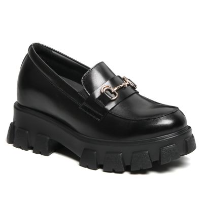 Buty podwyższające damskie – Czarne skórzane mokasyny na platformie 9cm