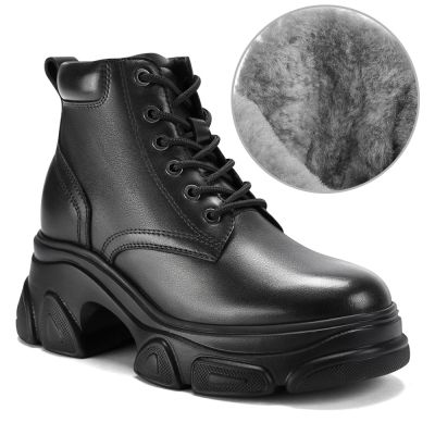 CMR CHAMARIPA, ocieplane futerkiem buty podwyższające damskie 9CM – czarna skóra, casualowe buty