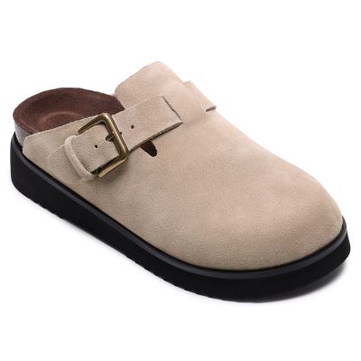 CMR CHAMARIPA buty podwyższające damskie | Morelowe zamszowe klapki z klamrą 5 cm