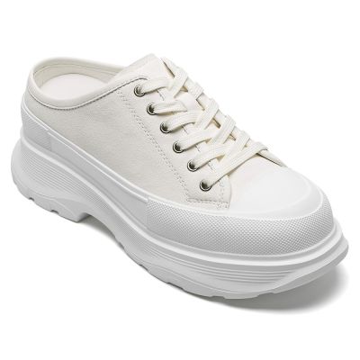 CMR CHAMARIPA Damskie Sneakersy Dodające Wzrostu | Białe Skórzane Sneakersy Mules na Platformie 7 CM