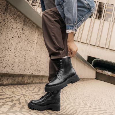 CMR CHAMARIPA Damskie Botki Podwyższające | Czarne Skórzane Sznurowane Botki 8 CM