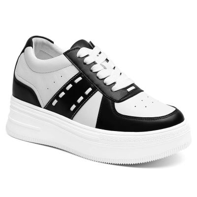 8 cm Męskie Czarno-Białe Sneakersy ze Skóry Wołowej