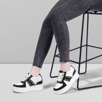 8 cm Męskie Czarno-Białe Sneakersy ze Skóry Wołowej