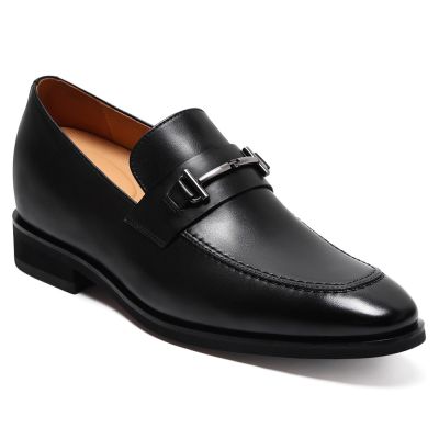 CMR CHAMARIPA Męskie Mokasyny Podwyższające | Czarne Skórzane Wsuwane Buty z Metalową Klamrą 7 CM